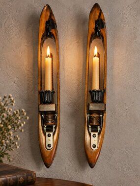 Vintage Weaving Shuttle Wall Sconces Pair Repurposed Textile Mill Candle Holders